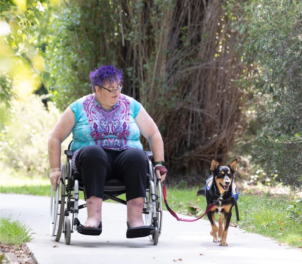 Woman in a wheelchair with a dog on a leash